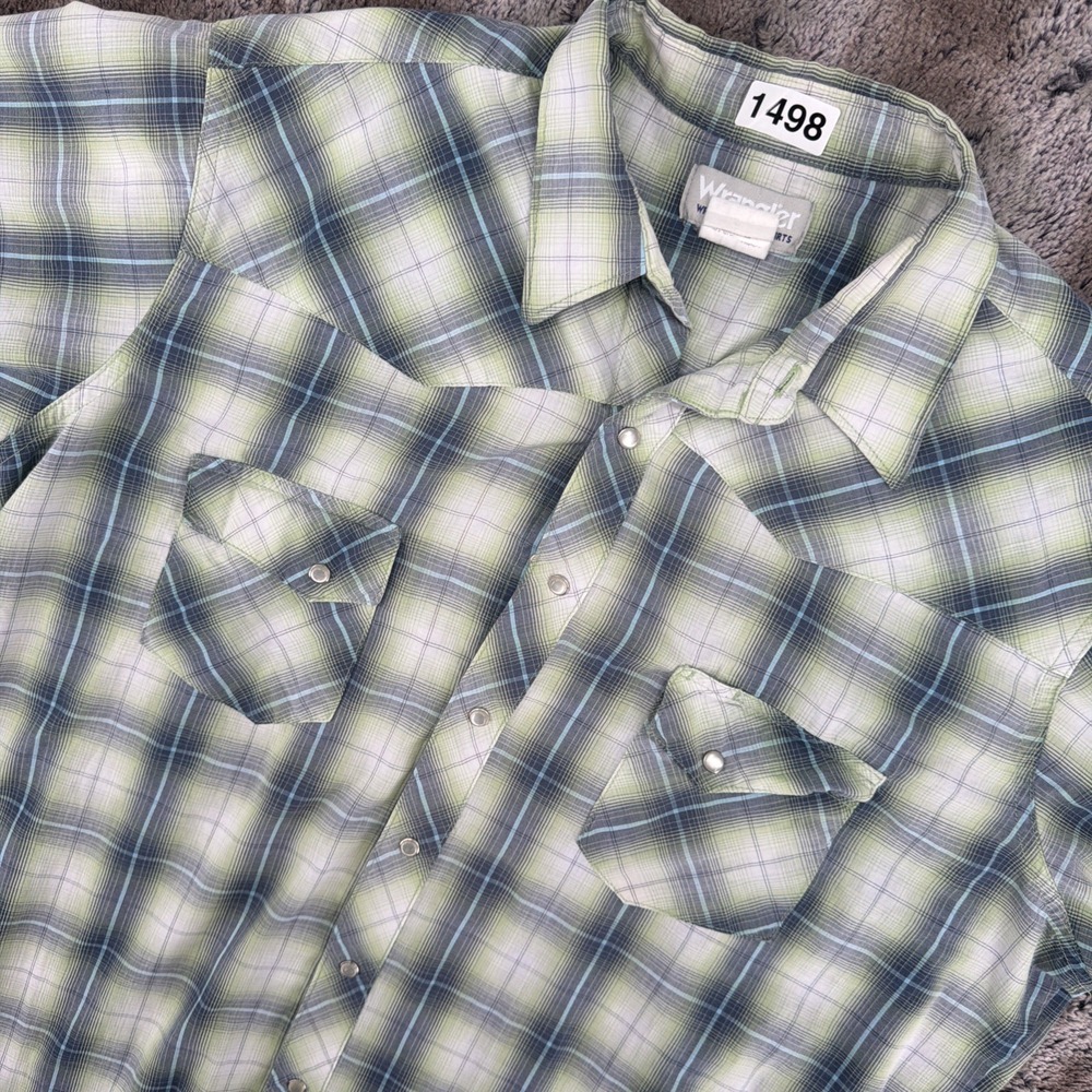 Wrangler Wrancher Pearl Snap SS Shirt Mens XLT Green Plaid Western Rancher